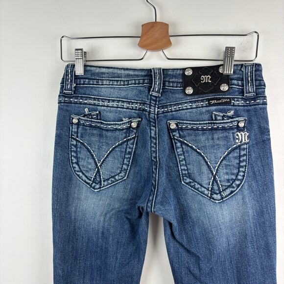 Miss Me Bootcut Jeans Y2K Low Rise Thick Stitch Embellished – Size 28 - Picture 1 of 7